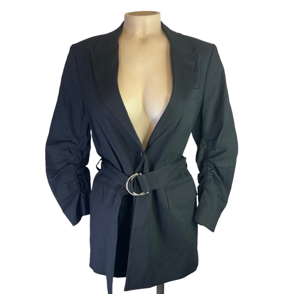 $800 NWT* Derek Lam 10 Crosby Black Harrison Belted Blazer Mid-Length Linen 6 - Picture 2 of 12